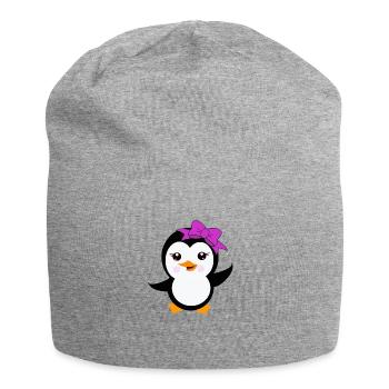Pingouin avec un arc violet - Bonnet en jersey - gris chiné - Devant