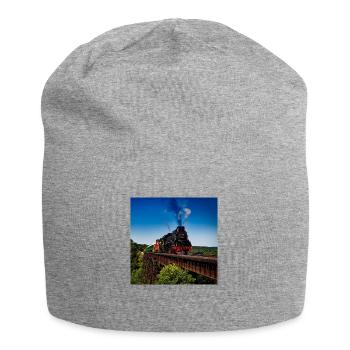 Weinlesezug auf Eisenbahn in der Landschaftslandschaft - Jersey-Beanie - Grau meliert - Vorne