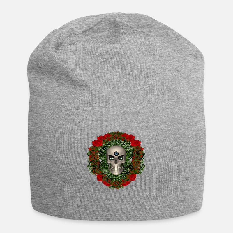 Schädel mit Rosen - Jersey-Beanie - Grau meliert