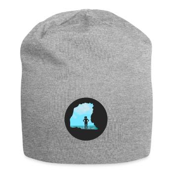 Bouldern \ Klettern - Frau vor Felsen - Jersey-Beanie - Grau meliert - Vorne