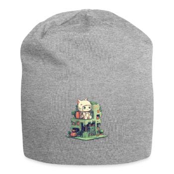 Small cute cat character sitting on a small buildi - Jersey Beanie - heather grey - Front