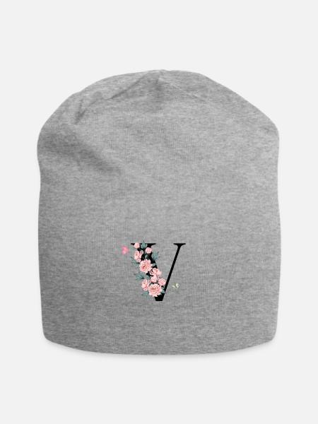Buchstabe v rosa Blumen - Jersey-Beanie - Grau meliert