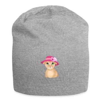 Katze mit Hut und Blume - Jersey-Beanie - Grau meliert - Vorne