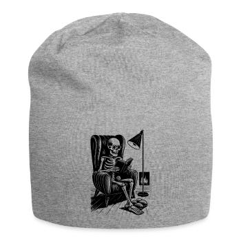 Lesendes Skelett im Lesesessel - Jersey-Beanie - Grau meliert - Vorne