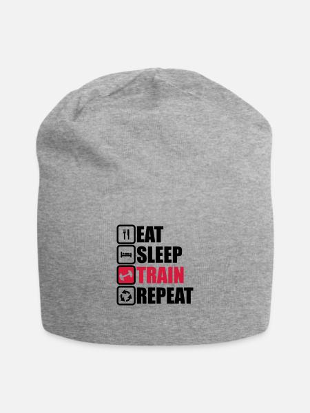 eat sleep train repeat bodybuilding gym - Jersey Beanie - heather grey