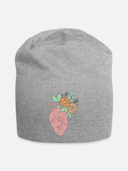 anatomisches Herz mit Blumen, Outline weiß - Jersey-Beanie - Grau meliert