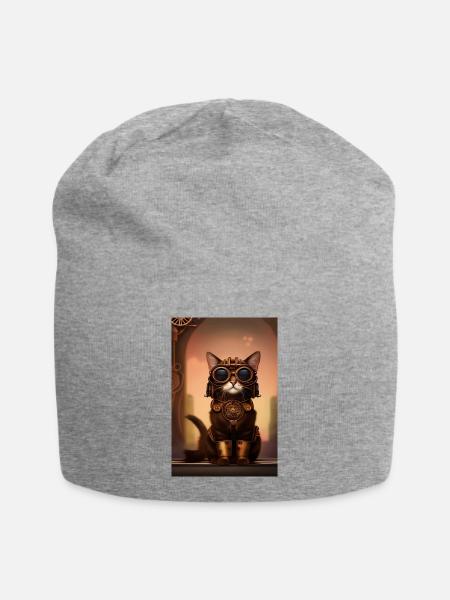 Katze Steampunk Style - Jersey-Beanie - Grau meliert