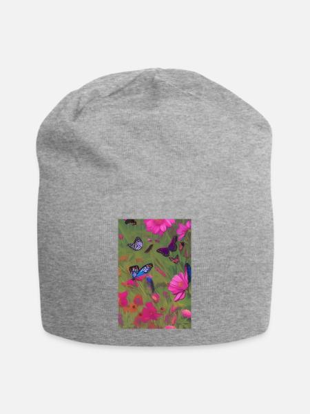 Blumen und Schmetterling - Jersey-Beanie - Grau meliert