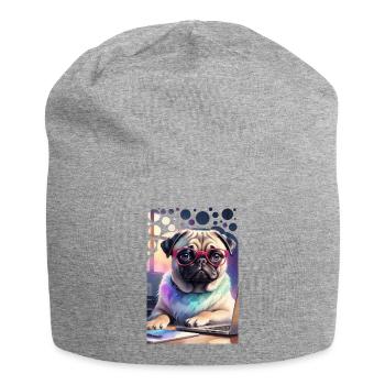 Bureau Chien Carlin avec Ordinateur Portable et Lunettes Roses Pop Art - Bonnet en jersey - gris chiné - Devant