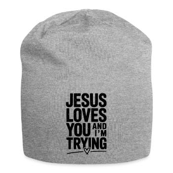 Jesus liebt dich und ich versuche es - Jersey-Beanie - Grau meliert - Vorne