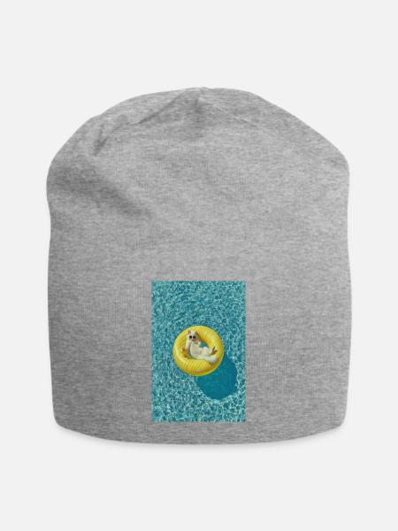 Sonnenbeschienene Katze auf gelbem Poolschwimmer - Jersey-Beanie - Grau meliert