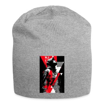 Geometrisches Streetart-Porträt mit Maskenfigur - Jersey-Beanie - Grau meliert - Vorne