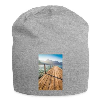 Holzsteg am Bergsee im Sonnenlicht - Jersey-Beanie - Grau meliert - Vorne