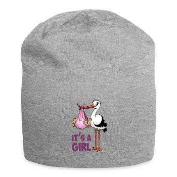 Stork with baby girl; "It's a Girl" - Jersey Beanie - heather grey - Front