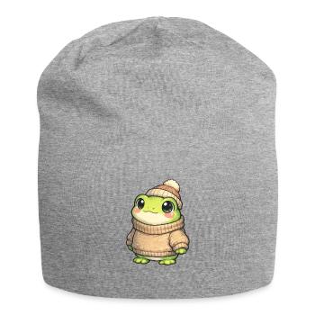 Cuddly frog in winter sweater - Jersey Beanie - heather grey - Front