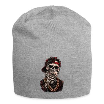 Schädel-Hustler mit roter Kappe - Jersey-Beanie - Grau meliert - Vorne