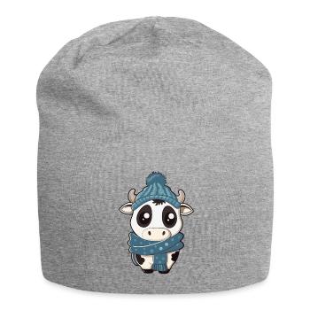 Vache mignonne avec écharpe et chapeau pompon – Mignon - Bonnet en jersey - gris chiné - Devant