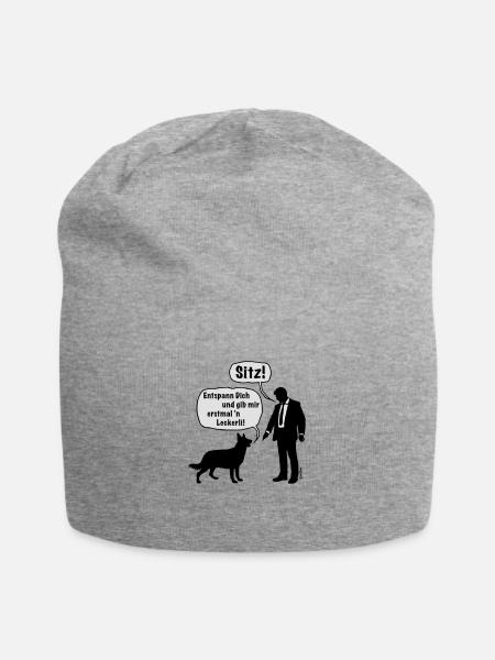 Cartoon, Hund & Herrchen: Sitz! / Leckerli! (2C) - Jersey-Beanie - Grau meliert
