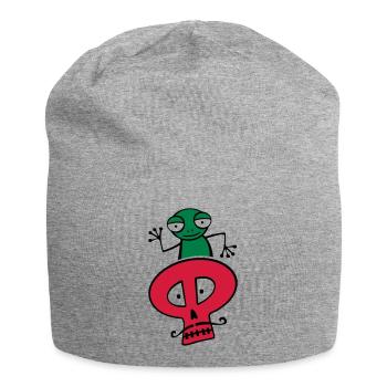 Frosch auf einem Schädel mit Schnurrbart - Jersey-Beanie - Grau meliert - Vorne