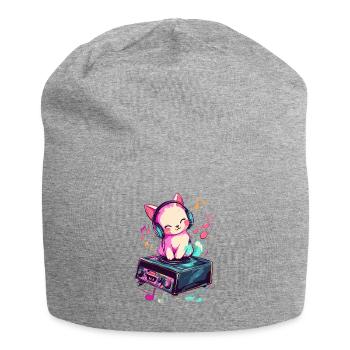 Cute cat with headphones listening to music - Jersey Beanie - heather grey - Front
