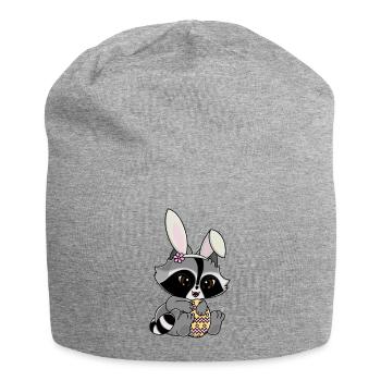 Snuggles der Waschbär im Hasenkostüm mit Osterei - Jersey-Beanie - Grau meliert - Vorne