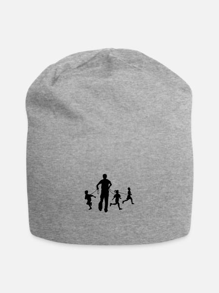 Vater mit Kindern an Leine - Jersey-Beanie - Grau meliert