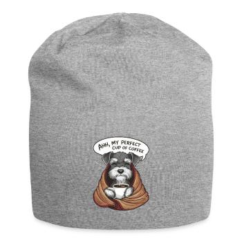Zwergschnauzer mit Decke und Kaffeetasse - Jersey-Beanie - Grau meliert - Vorne