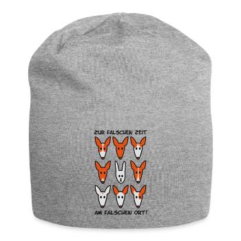 Zur falschen Zeit, am falschen Ort - Jersey-Beanie - Grau meliert - Vorne