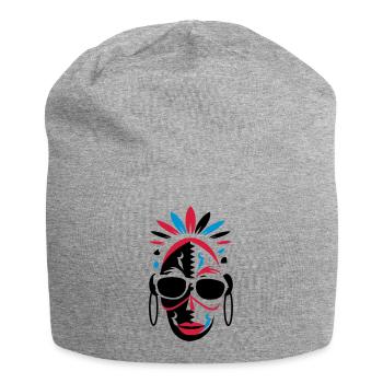 afrikanische Maske mit Sonnenbrille als Stencil - Jersey-Beanie - Grau meliert - Vorne