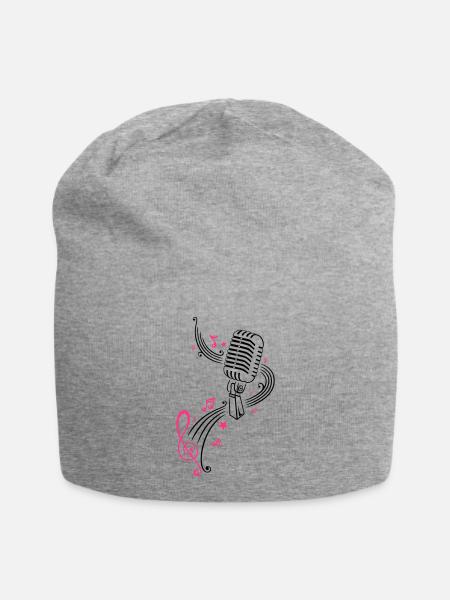 Mikrofon mit Musiknoten und Notenschlüssel - Jersey-Beanie - Grau meliert