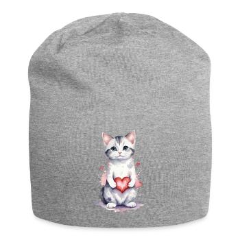 Feline Affection - Cat with Heart Watercolor - Jersey Beanie - heather grey - Front