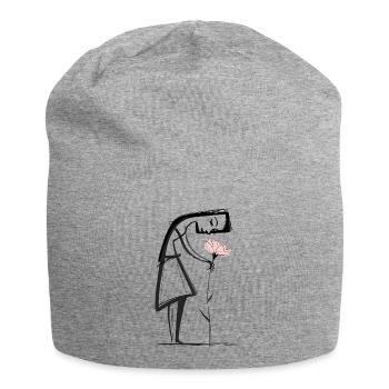 Femme minimaliste avec une fleur - Bonnet en jersey - gris chiné - Devant