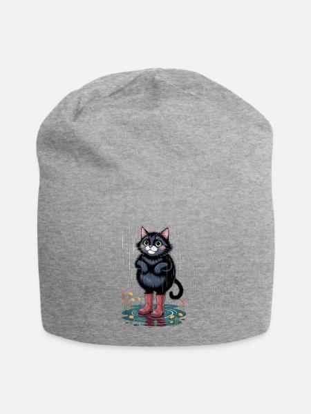 Süße schwarze Katze im Regen - Jersey-Beanie - Grau meliert