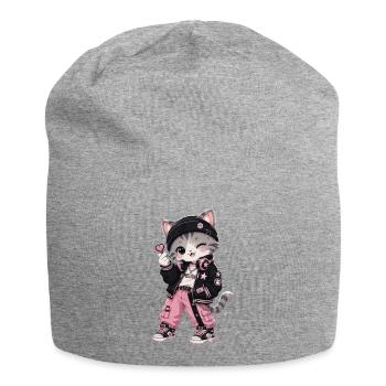 Pink-schwarze Streetwear-Katze - Jersey-Beanie - Grau meliert - Vorne