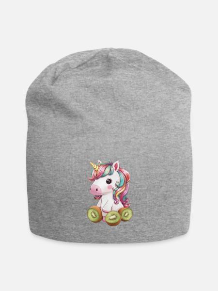 Cartoon Kawaii Unicorn with Kiwi - Jersey Beanie - heather grey