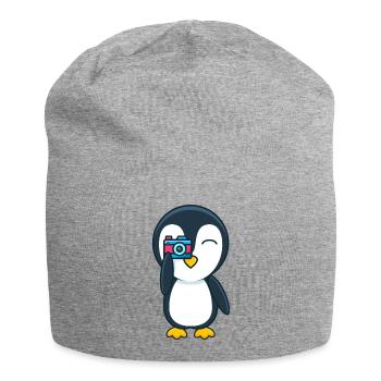 Pinguin mit Fotoapparat - Jersey-Beanie - Grau meliert - Vorne