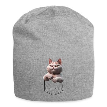 Evil looking cat in breast pocket - Jersey Beanie - heather grey - Front