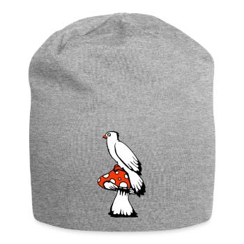 Bird sitting cute big mushroom dots toadstool - Jersey Beanie - heather grey - Front