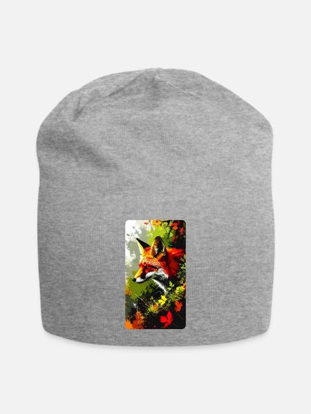 Fuchs im Wald im Herbstlaub (Blick nach Links) - Jersey-Beanie - Grau meliert