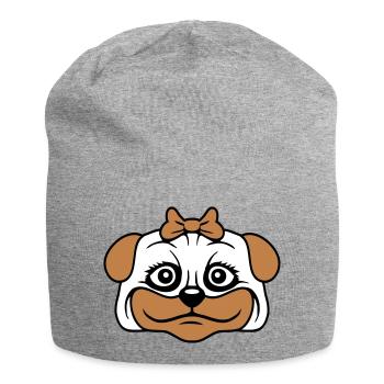 Dog Pug Girl Pretty Bow Woman Female - Jersey Beanie - heather grey - Front