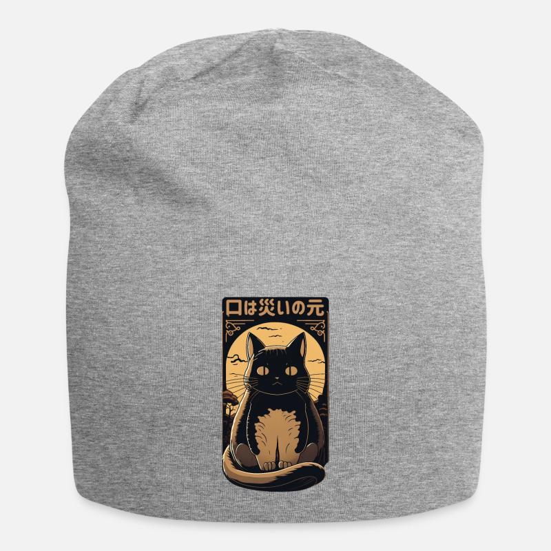 Chat noir - Bonnet en jersey - gris chiné
