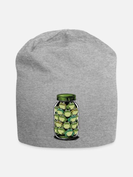 Froschglas: Verspielter Amphibienstapel - Jersey-Beanie - Grau meliert