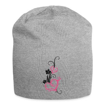 Zwei große Herzen mit Blumen, filigran - Jersey-Beanie - Grau meliert - Vorne