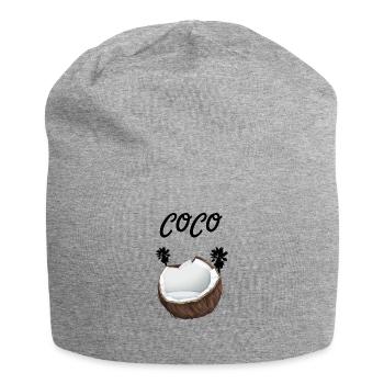 Kokosnuss mit Schriftzug Coco und Palmen - Jersey-Beanie - Grau meliert - Vorne