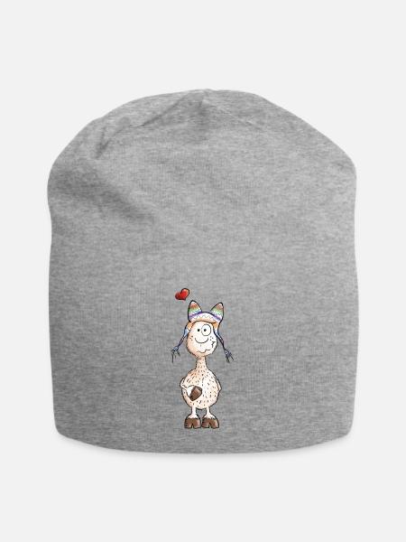 Lama mit Herz - Alpaka - Comic - Geschenk - Jersey-Beanie - Grau meliert