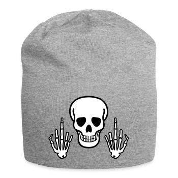Totenkopf mit Mittelfinger, zweifarbig - Jersey-Beanie - Grau meliert - Vorne