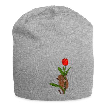 Cute monkey holds on to flower. Leprechaun lemur - Jersey Beanie - heather grey - Front