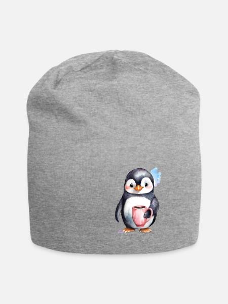 Pinguin mit Kaffee -Aquarellstil - Jersey-Beanie - Grau meliert