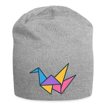 Bunter Origami-Kranich - Jersey-Beanie - Grau meliert - Vorne