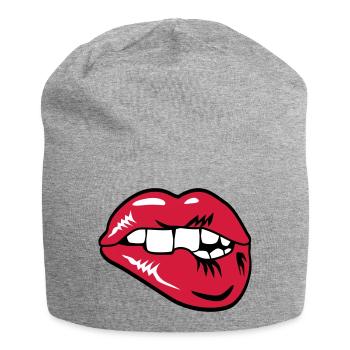 30 Lippen Mund Zähne Biss beißen - Jersey-Beanie - Grau meliert - Vorne